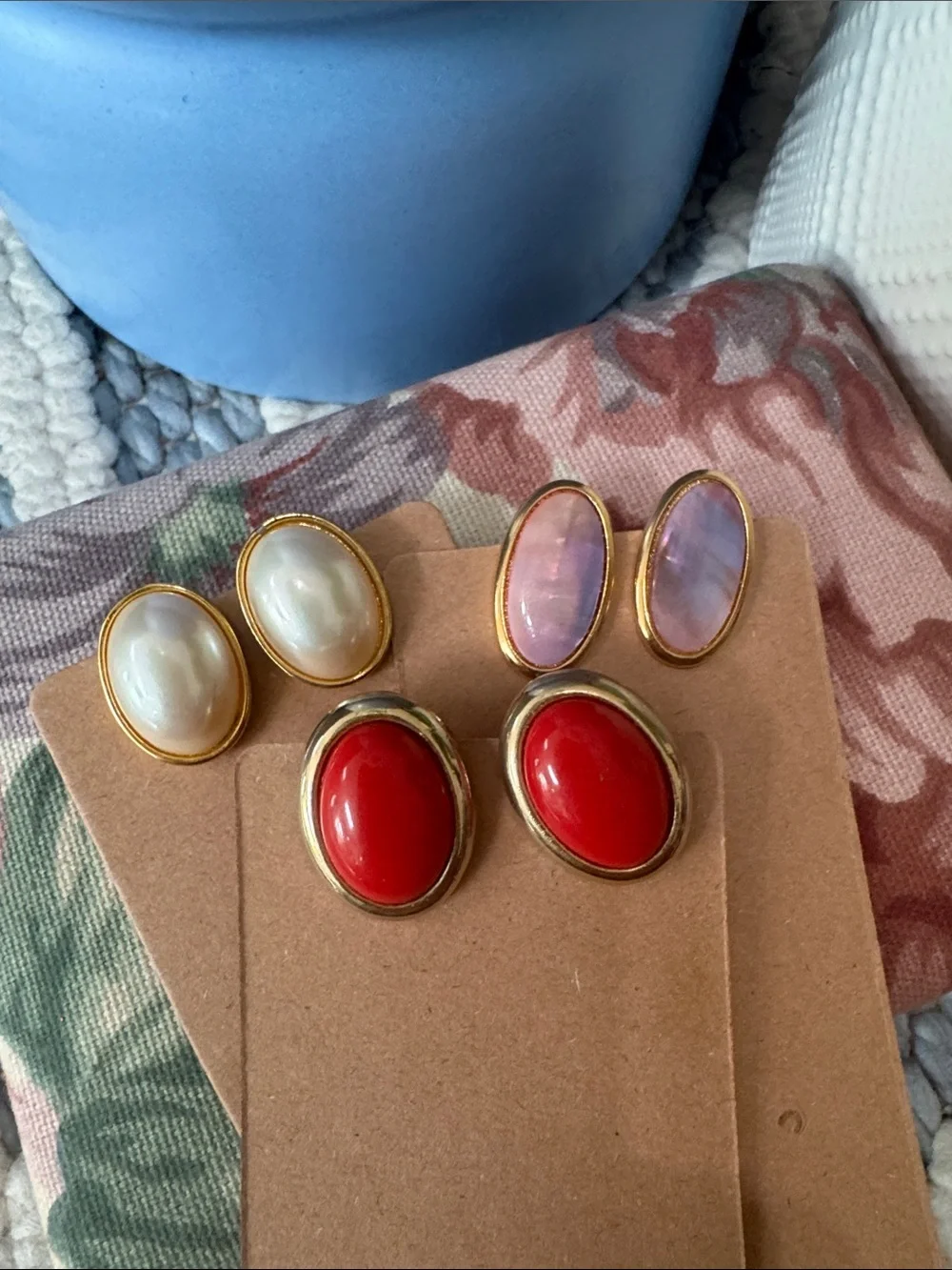Vintage Clip-On Earrings Bundle Gold Tone Faux Pearl Enamel Pink Red Cottagecore